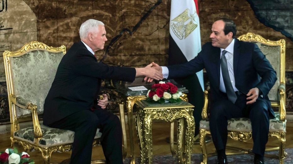 U.S. Vice President Mike Pence shakes hands with Egyptian President Abdel-Fattah el-Sissi, right, at the Presidential Palace in Cairo, Egypt, Saturday, Jan. 20, 2018. 
