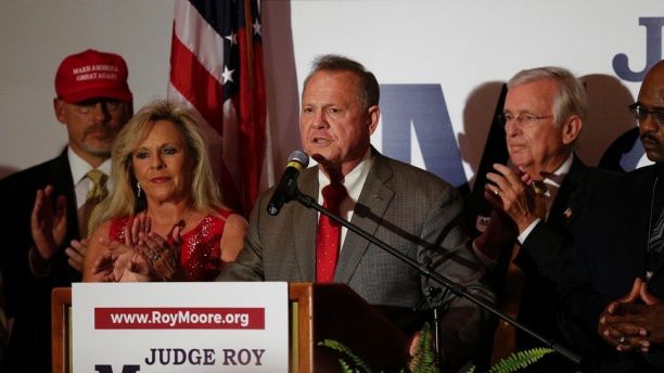 Former Alabama Chief Justice and U.S. Senate candidate Roy Moore during his election party, Tuesday, Sept. 26, 2017, in Montgomery, Ala. Moore won the Alabama Republican primary runoff for U.S. Senate on Tuesday, defeating an appointed incumbent backed by President Donald Trump and allies of Sen. Mitch McConnell. (AP Photo/Brynn Anderson)
