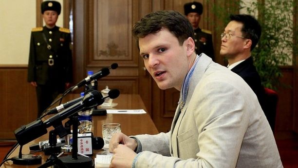 FILE - In this Feb. 29, 2016 file photo, American student Otto Warmbier speaks as Warmbier is presented to reporters in Pyongyang, North Korea.  U.S. officials say the Trump administration will ban American citizens from traveling to North Korea following the death of university student Otto Warmbier, who passed away after falling into a coma into a North Korean prison. (AP Photo/Kim Kwang Hyon)