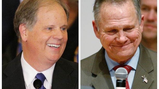 A combination photo shows Democratic Alabama U.S. Senate candidate Doug Jones (L) and Republican U.S. Senate candidate Roy Moore (R) at their respective election night parties in Birmingham and Montgomery, Alabama, U.S., December 12, 2017.  REUTERS/Marvin Gentry/Jonathan Bachman - RC1CF58C1F10