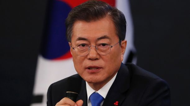 South Korean President Moon Jae-in answers reporters' question during his New Year news conference at the Presidential Blue House in Seoul, South Korea, Wednesday, Jan. 10, 2018. Moon said Wednesday he's open to meeting with North Korean leader Kim Jong Un if certain conditions are met, as he vowed to push for more talks with the North to resolve the nuclear standoff. (Kim Hong-Ji/Pool Photo via AP)