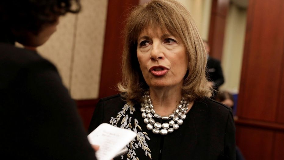 U.S. Rep. Jackie Speier, D-Calif., talks to reporters after a news conference on investigating President Donald Trump for sexual misconduct, on Capitol Hill in Washington, Dec. 12, 2017.
