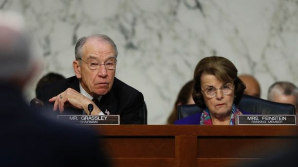 Senate Judiciary Committee Chairman Chuck Grassley, R-Iowa, left, and ranking member Sen. Dianne Feinstein, D-Calif., look to Attorney General Jeff Sessions as he testifies before the Senate Judiciary Committee on Capitol Hill in Washington, Wednesday, Oct. 18, 2017. (AP Photo/Carolyn Kaster)