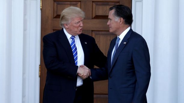 U.S. President-elect Donald Trump shakes hands with former Massachusetts Governor Mitt Romney after their meeting at the main clubhouse at Trump National Golf Club in Bedminster, New Jersey, U.S., November 19, 2016.  REUTERS/Mike Segar     TPX IMAGES OF THE DAY      - S1AEUNUCUTAA